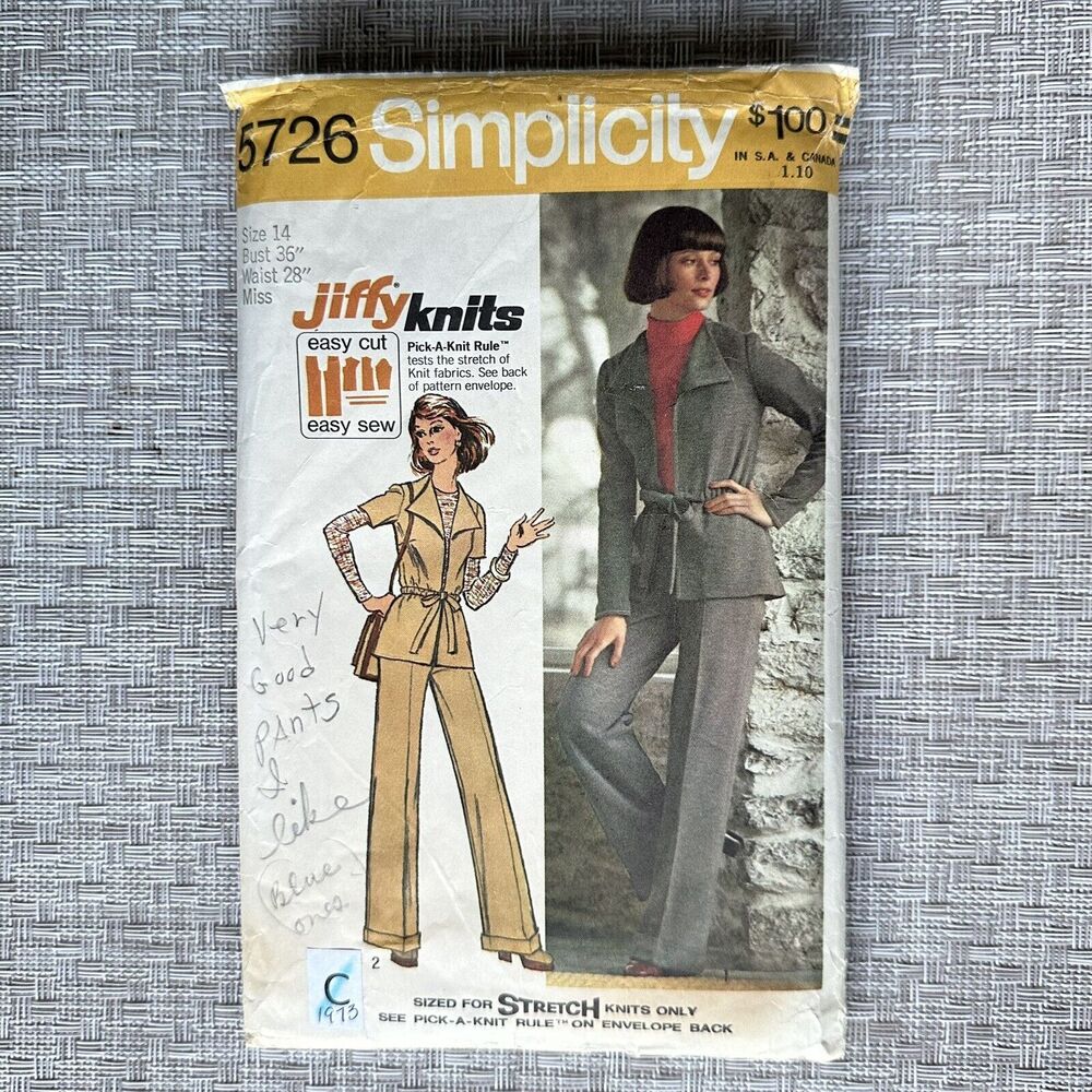 Vtg 70s Simplicity Sewing Pattern 5726 Pants Jacket Suit Casual Knits Size 14